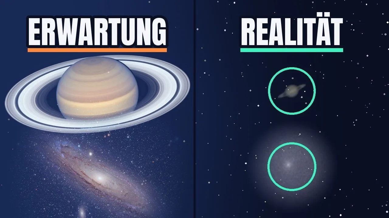 Saturn als Weltraumteleskop-Foto neben dem winzigen echten Saturn im Okular