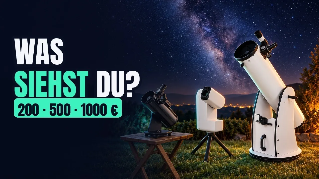 Ein kleiner Tisch-Dobson, ein Smart-Teleskop und ein großer Dobson unter dem Sternenhimmel